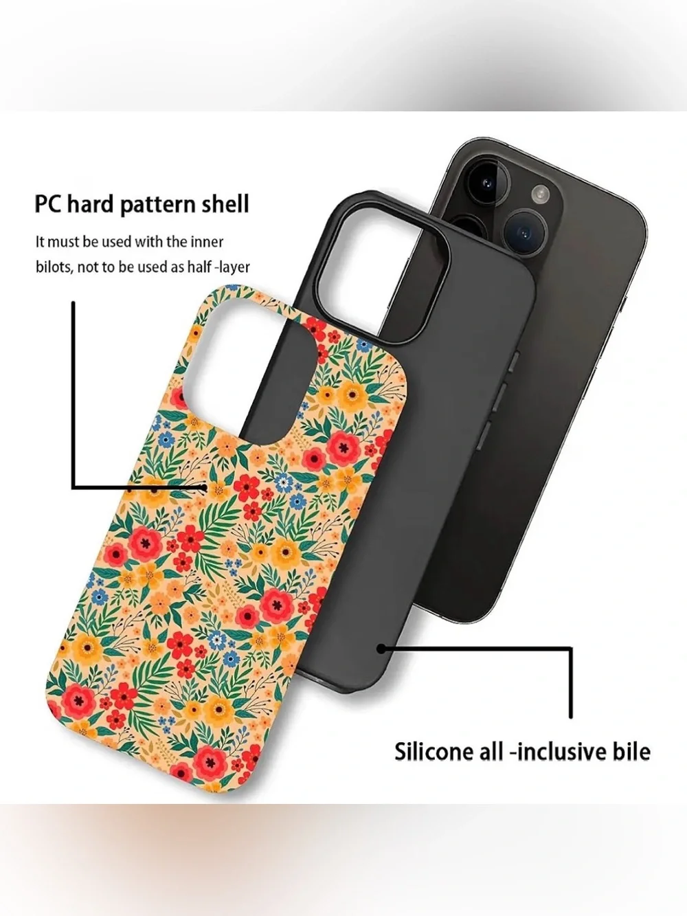 ZHEGAILIAN Case for iPhone 15,Orange Floral 2 in 1 Hard Shell + Silicone